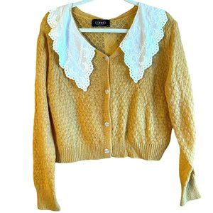 Cider Women's Yellow Wool Blend Eyelet Lapel Cardigan Size Medium Puff Shoulder